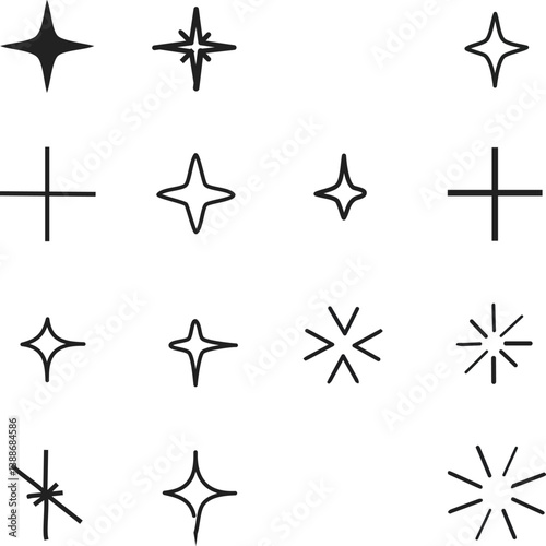 Shine or sparkle vector set of eighteen various stars in black color on white background. 