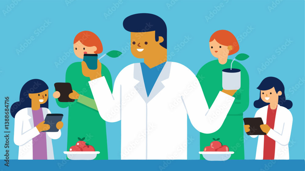 Data Collection The scientist is observing a group of taste testers recording feedback on their smartphone or tablet based on the plantbased food samples they try. Data Collection The scientist is observing a group of taste testers recording feedback on their smartphone or tablet based on the plantbased food samples they try.