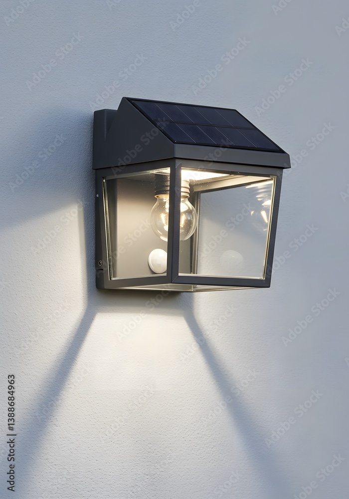 Decorative solar powered energy light installed on the wall with sun light, LED bulb, motion sensor, industrial aesthetic Solar powered outdoor wall light, modern design,glass enclosure,