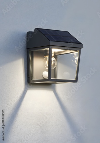 Decorative solar powered energy light installed on the wall with sun light, LED bulb, motion sensor, industrial aesthetic Solar powered outdoor wall light, modern design,glass enclosure,