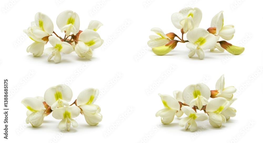 Naklejka premium Delicate arrangement of four acacia flower posies on a pristine white canvas