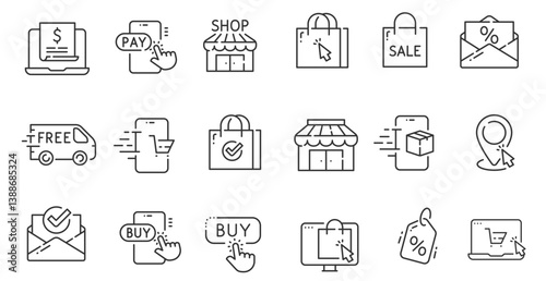 Set of shopping icons. Сollection of web icons for online store, such as discounts, delivery, contacts, payment, app store, location, shopping cart. Editable vector stroke 