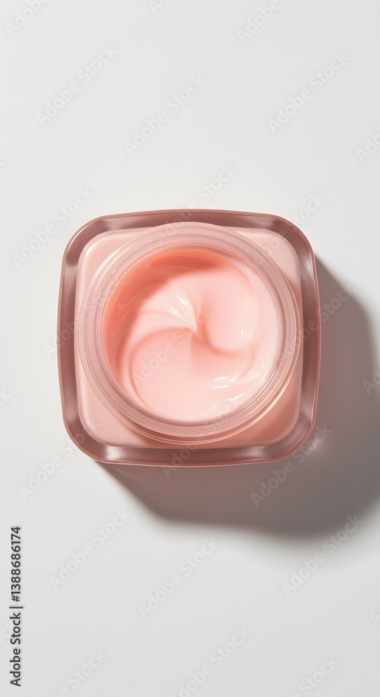 pink cosmetic cream, lotion beauty skincare cream cosmetic in the bottle top view,skincare product, soft texture, peach-colored moisturizer, beauty treatment,Overhead view, square container,