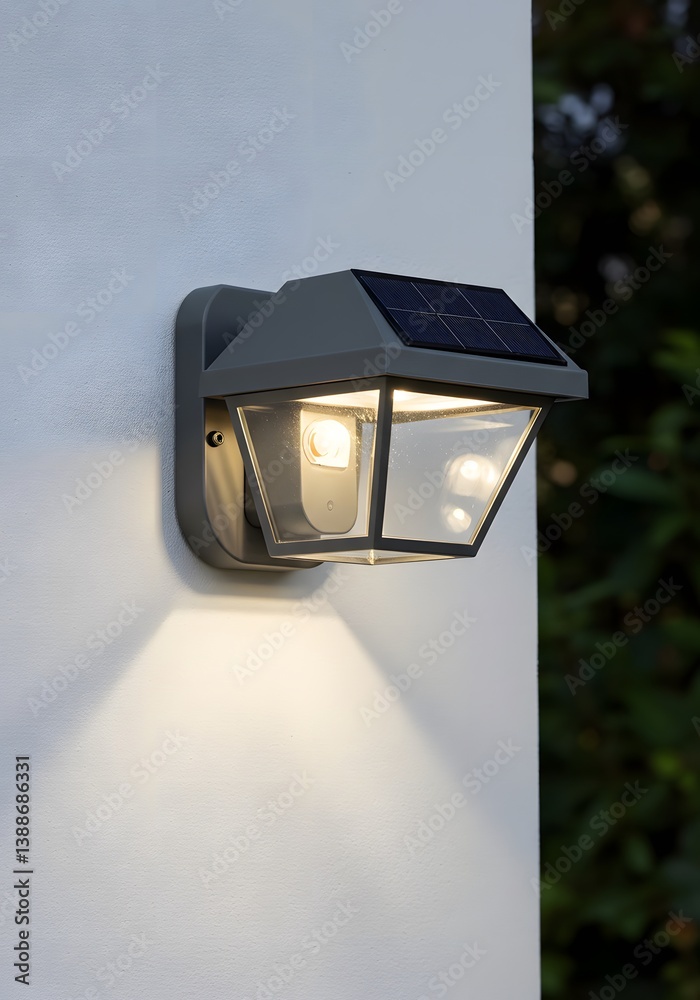 Decorative solar powered energy light installed on the wall with sun light, LED bulb, motion sensor, industrial aesthetic Solar powered outdoor wall light, modern design,glass enclosure,