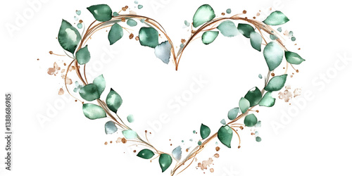 Isolated Floral Heart Illustration Featuring Green Leaves With Gold Branch and Watercolor