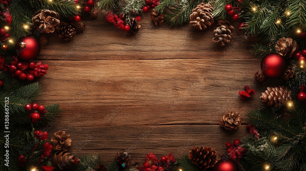 Rustic Christmas border with pine, berries, cones & lights on wood. Rustic Christmas border with pine, berries, cones & lights on wood.