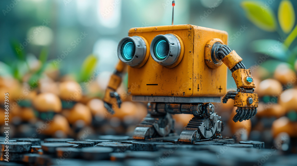 Cute Robot Toy Character in Greenery - Futuristic, Playful, and Adorable Animated Design