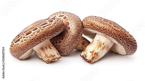 Three fresh shiitake mushrooms isolated on white background.