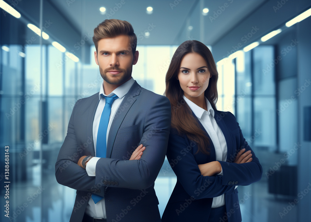 Businessman and businesswoman team crossed arms on a blurred modern office background
Businessman and businesswoman team crossed arms on a blurred modern office background