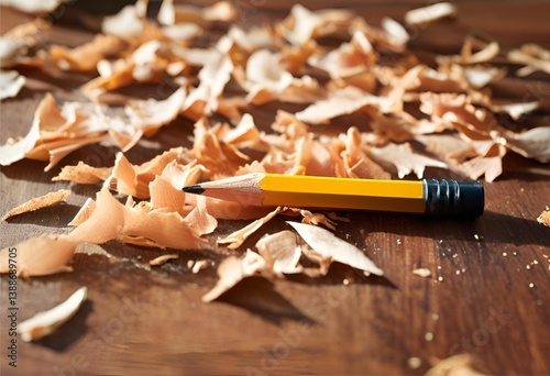 Pencil sharpened with wood shavings scattered around.
