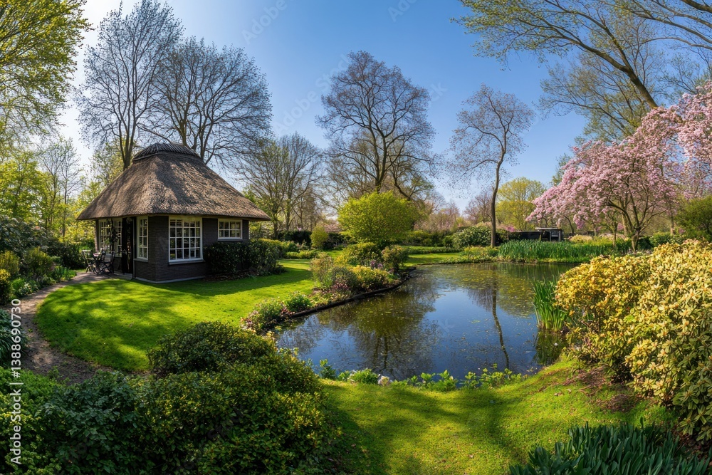 A beautiful landscape featuring a pond and small thatched cottage A beautiful landscape featuring a pond and small thatched cottage
