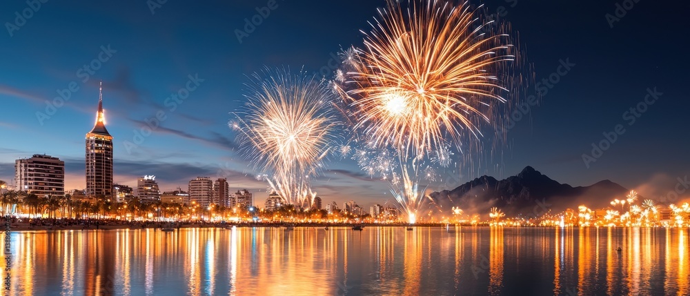 Naklejka premium Stunning fireworks exploding in the night sky above a modern cityscape reflecting beautifully on the calm waters below