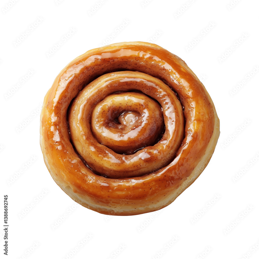 Cinnamon roll with a glossy glaze, viewed from above showcasing its spiral shape and texture. isolated on white background and transparent background Cinnamon roll with a glossy glaze, viewed from above showcasing its spiral shape and texture. isolated on white background and transparent background