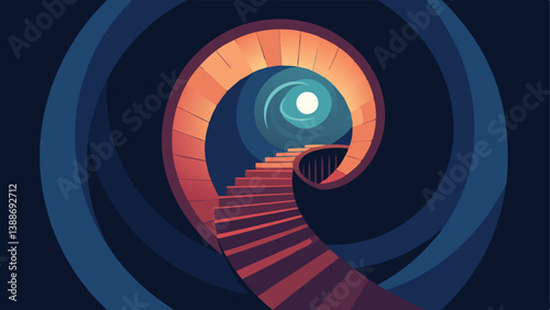 Inward Journey A spiral staircase leading down into a soft glowing inner space. This represents the deep exploration of oneself required to confront and heal emotional s.
