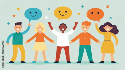 Joyful Community A diverse group of people holding hands with smiles and serotonin symbols above their heads depicting the collective impact of serotonin on community and social