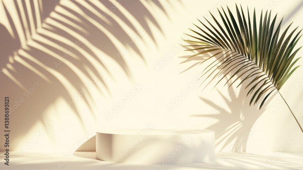 Minimalist beige backdrop with palm leaf shadows and pedestal. Use for product presentation Minimalist beige backdrop with palm leaf shadows and pedestal. Use for product presentation