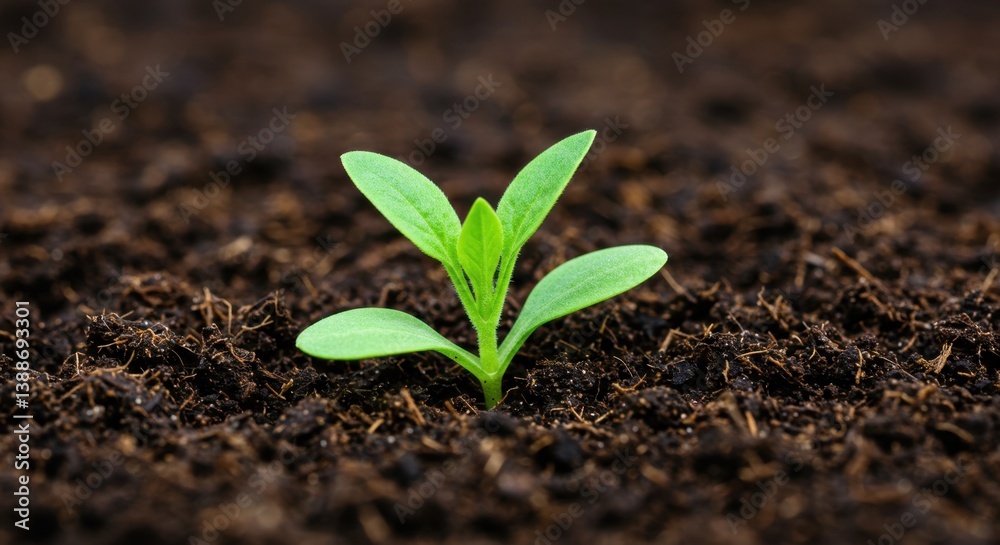 Fototapeta premium A Tiny Sprout Emerging from Dark Soil: New Life and Growth in Nature