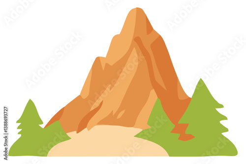 Rock canyon mountain with green trees. Editable color vector