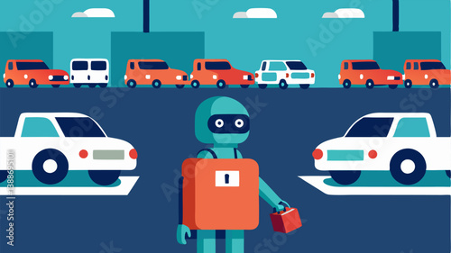 Parking Lot A delivery robot maneuvers through a parking lot filled with parked cars with a shopper observing it while carrying groceries.