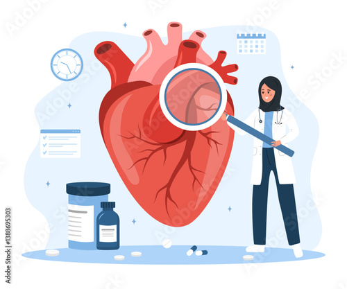Cardiologist concept. Heart health. Arab Female doctor with large magnifier examines internal organs. Vector illustration in flat cartoon style.