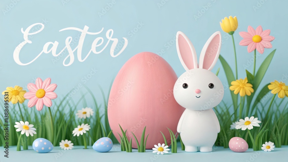 Obraz premium Cute Easter Bunny with Pink Egg and Spring Flowers in Pastel Garden Scene