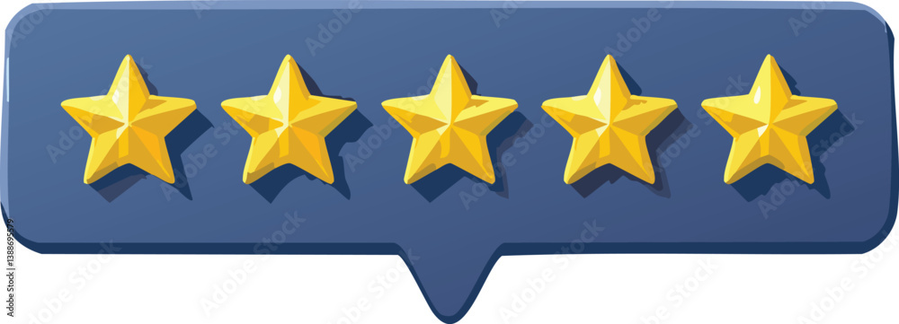Five star rating, positive feedback 3d style. Customer review with five metallic golden stars in speech