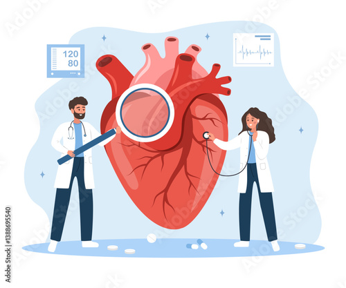 Cardiologist concept. Cardiac surgeon. Female and male doctor examination Heart disease. Vector illustration in flat cartoon style.