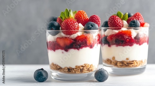 Two parfaits layered with creamy yogurt, granola, and a vibrant mix of strawberries, raspberries, and blueberries are showcased. The composition features the parfaits in the foreground, slightly blur photo