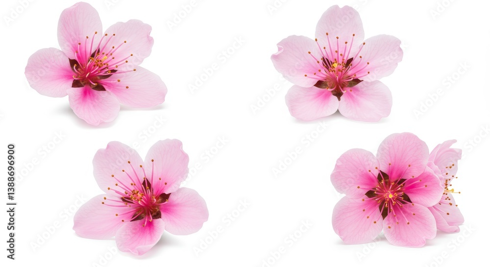 Elegant set of four delicate peach blossoms isolated on a pristine white canvas Elegant set of four delicate peach blossoms isolated on a pristine white canvas