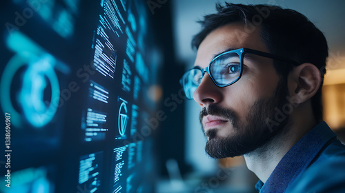 A machine learning researcher optimizing natural language processing algorithms, office with data models and language interfaces visible, High-tech style