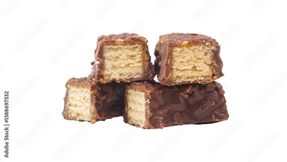 Sweet chocolate covered wafer bars with layers of caramel and crispy wafers isolated on transparent background Sweet chocolate covered wafer bars with layers of caramel and crispy wafers isolated on transparent background