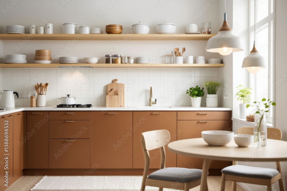 Fototapeta premium Modern kitchen interior with wooden accents, showcasing cooking utensils and a cozy dining area with plants