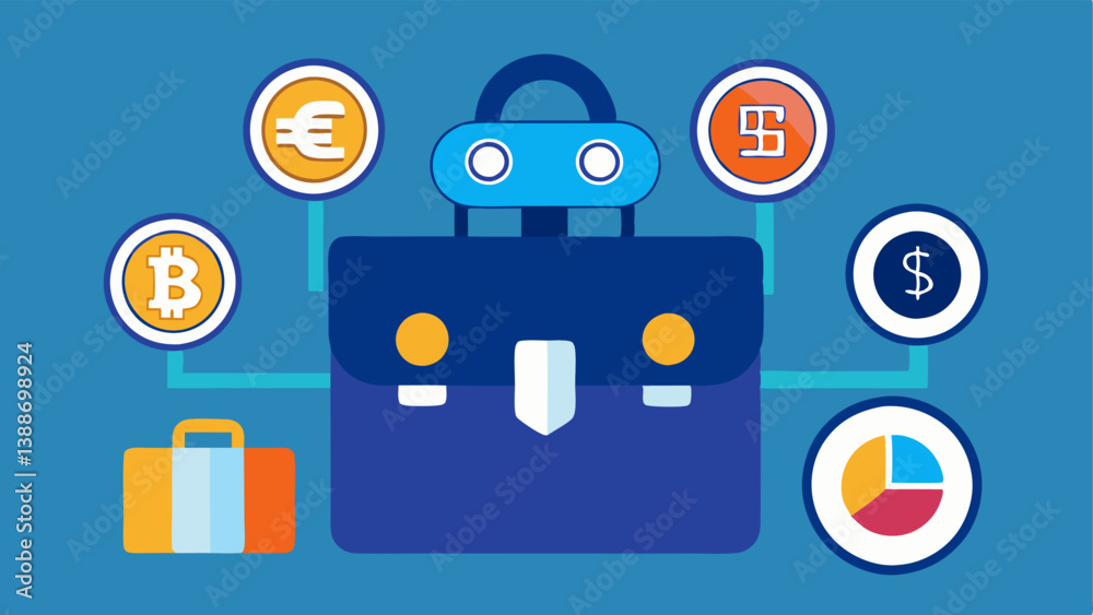 Crypto Portfolio Management A digital portfolio represented by a briefcase filled with different cryptocurrency coins being organized by a friendly robot. Crypto Portfolio Management A digital portfolio represented by a briefcase filled with different cryptocurrency coins being organized by a friendly robot.