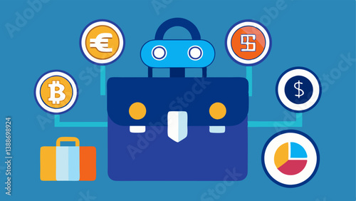 Crypto Portfolio Management A digital portfolio represented by a briefcase filled with different cryptocurrency coins being organized by a friendly robot.