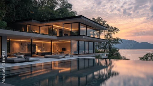 Modern villa with pool overlooking lake at sunset