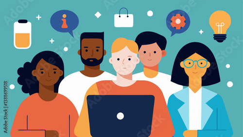 Diversity in Advice A group of AI ethics consultants from different backgrounds gathered around a laptop discussing a presentation on bias in AI surrounded by symbols of fairness