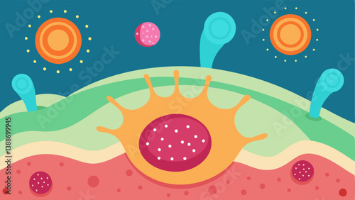 Microscopic View Depict an exaggerated colorful microscopic view of exosomes infiltrating damaged skin cells and initiating repair processes.