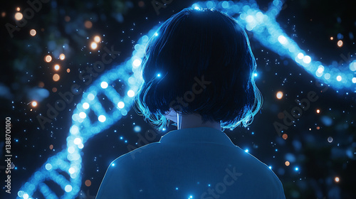 Glowing Girl: Enchanting DNA and Genetic Science Fantasy with Futuristic Blue Light Particles