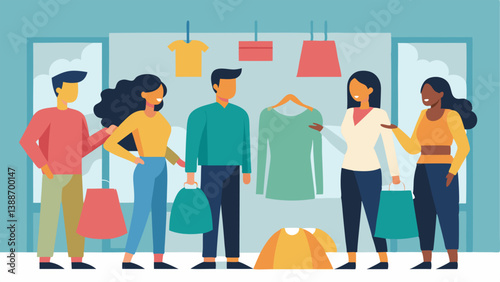 Fashion Influence A group of friends browsing through a clothing store inspired by outfits seen on a reality TV show displaying the impact on fashion trends and consumer choices.