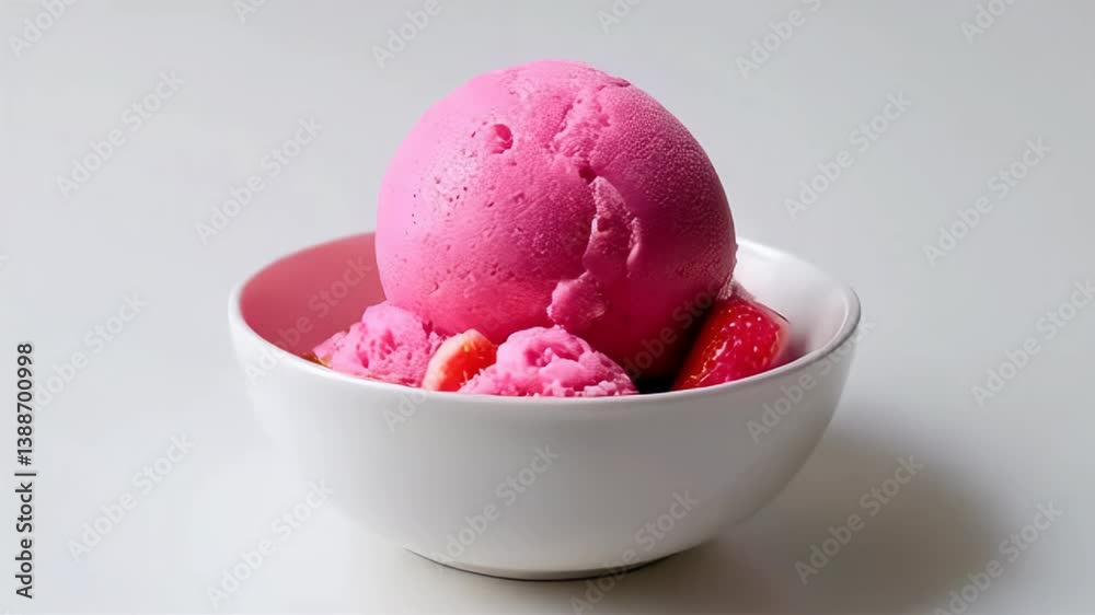 Close-up of a scoop of pink ice cream with sliced strawberries in a white bowl, concept for summer dessert menu, ice cream parlor branding, and Valentine's Day promotion Close-up of a scoop of pink ice cream with sliced strawberries in a white bowl, concept for summer dessert menu, ice cream parlor branding, and Valentine's Day promotion