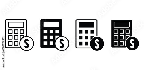 Calculator and Dollar Sign Icons Set Black and White Color Vector Design 