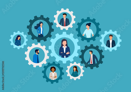 Team or organization, office role or job position or skills to drive company, teamwork or collaboration for success, team effort concept, business people working to rotate connected cogwheels gear.