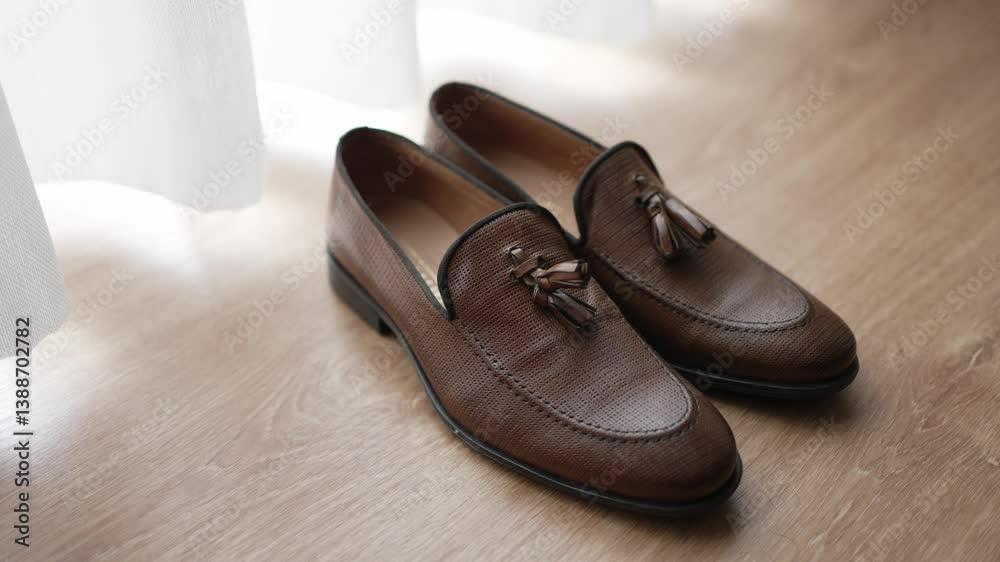 Pair of brown tassel loafers placed neatly on a wooden floor by a sheer curtain Pair of brown tassel loafers placed neatly on a wooden floor by a sheer curtain