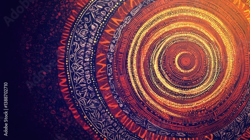 Abstract circular pattern with concentric rings, intricate details, and warm colors