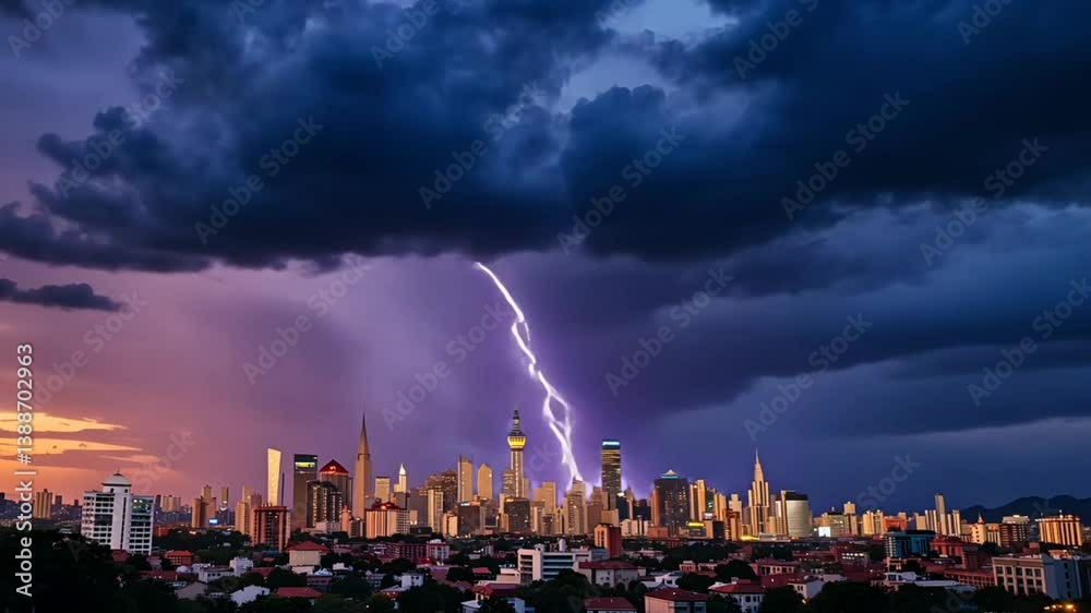 Cityscape lightning storm clouds skyline towers skyscrapers urban architecture travel asia kuala lumpur 4k videos 