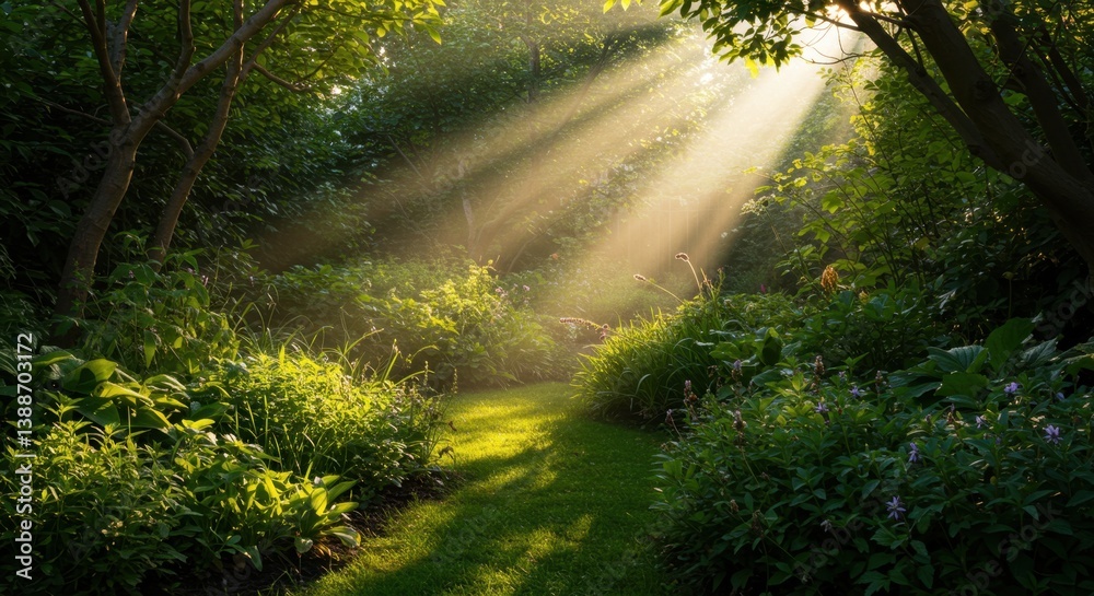 Obraz premium Sunbeams Illuminating a Lush Garden Path: A Serene Morning in Nature