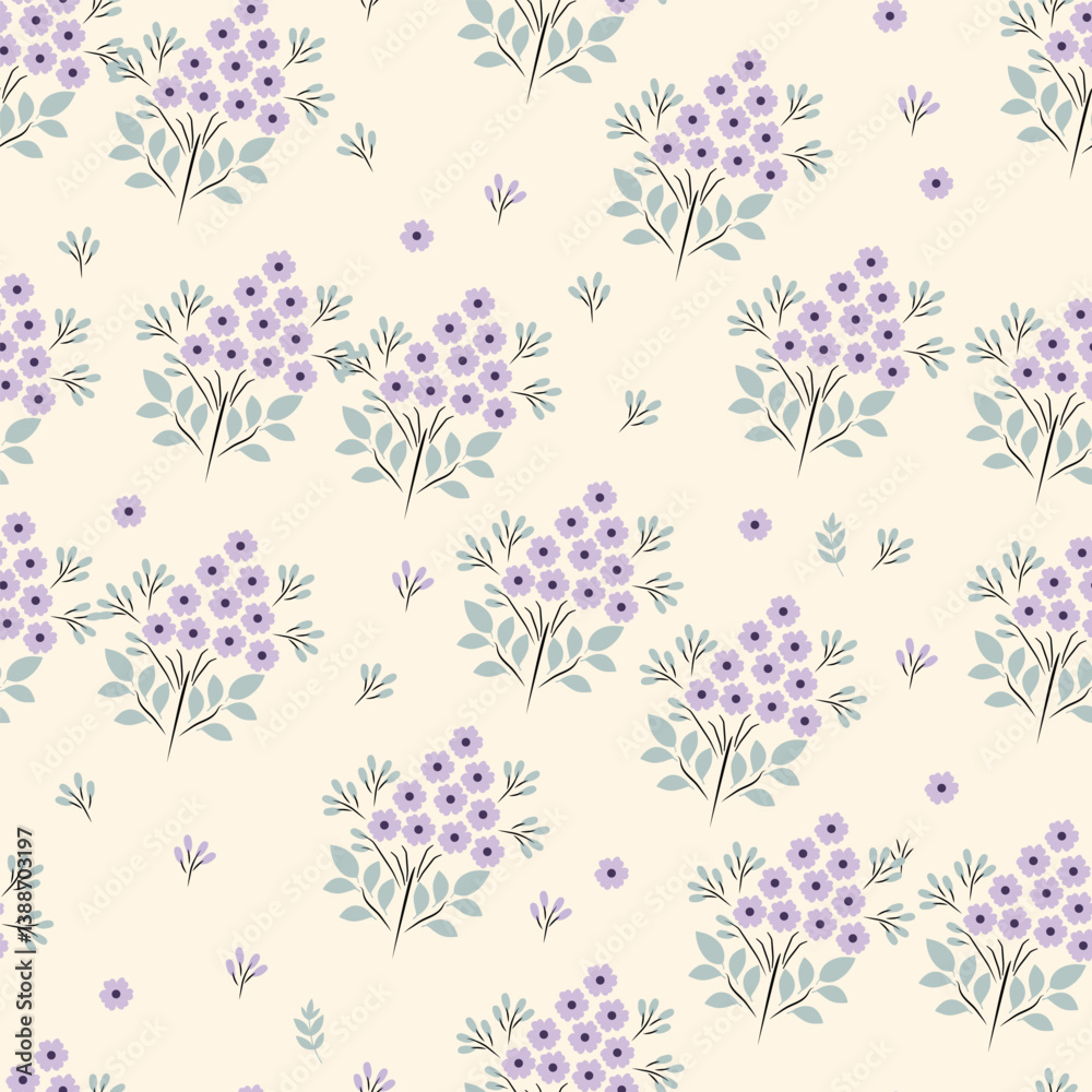 Obraz premium Delicate Purple Floral Seamless Pattern with Leaves Elegant Botanical Design