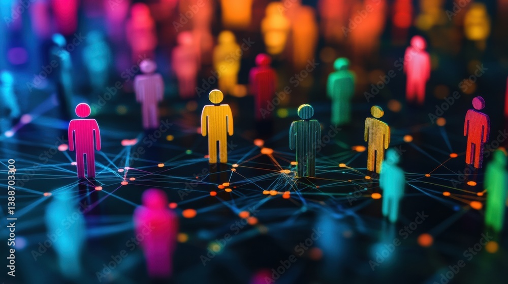 Colorful figures on a digital grid highlight diverse customer insights and the importance of personalized marketing strategies in a modern setting