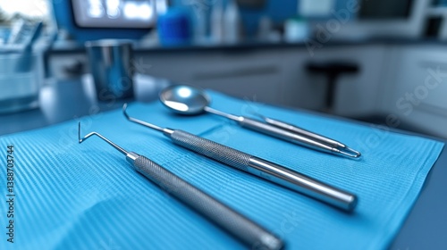 A high-resolution close-up of a dental mirror and scaler placed on a sterile blue tray, ready for use in an examination