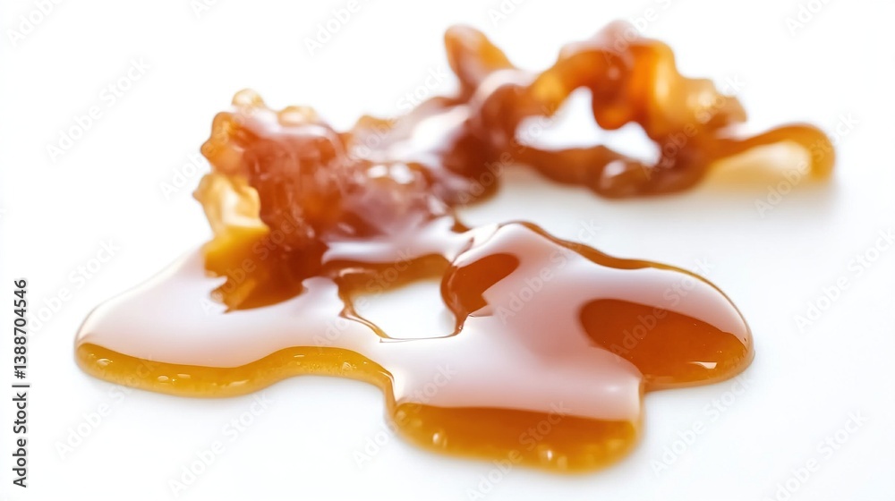 Viscous Amber Caramel Dripping Across a White Background Surface Viscous Amber Caramel Dripping Across a White Background Surface